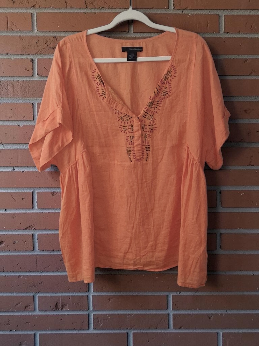 Calvin Klein Jeans Orange Embroidered V-Neck Blouse